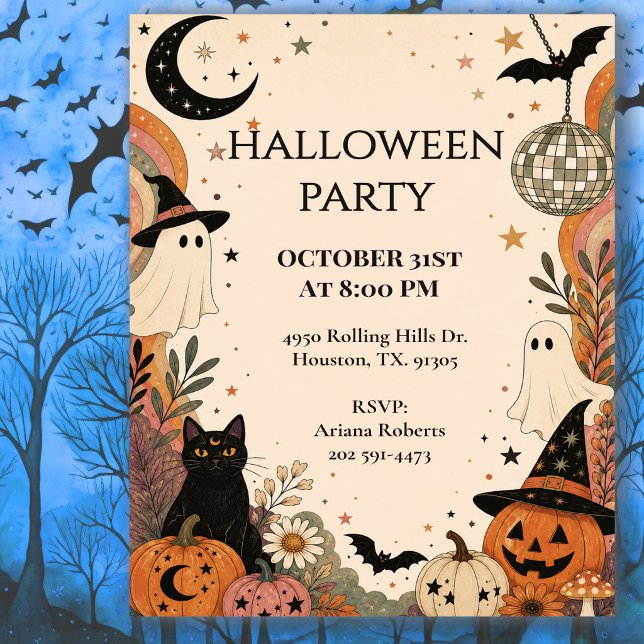 Convites Celebração de Festa de Halloween Retro Boho (Criador carregado)