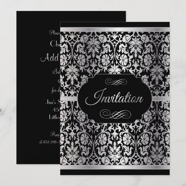Convites Celebração de Festa Elegante Prata e Preto (Frente/Verso)