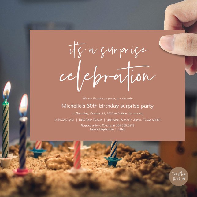 Convites Celebração de Festas de aniversário Surpresa (Surprise Birthday Party Celebration Invitation Card, PDF, in Terracotta Earthy Brown)