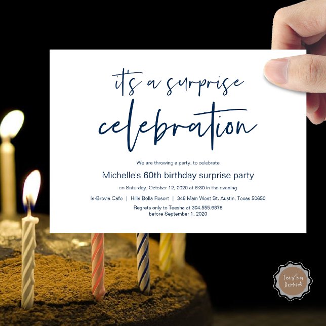 Convites Celebração de Festas de aniversário Surpresa (Surprise Birthday Party Celebration Invitation Card, PDF, in Navy Blue)