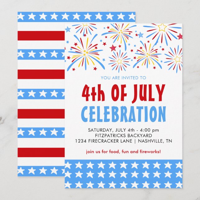 Convites Celebração de Fogos de Artifício 4 de Julho (Frente/Verso)