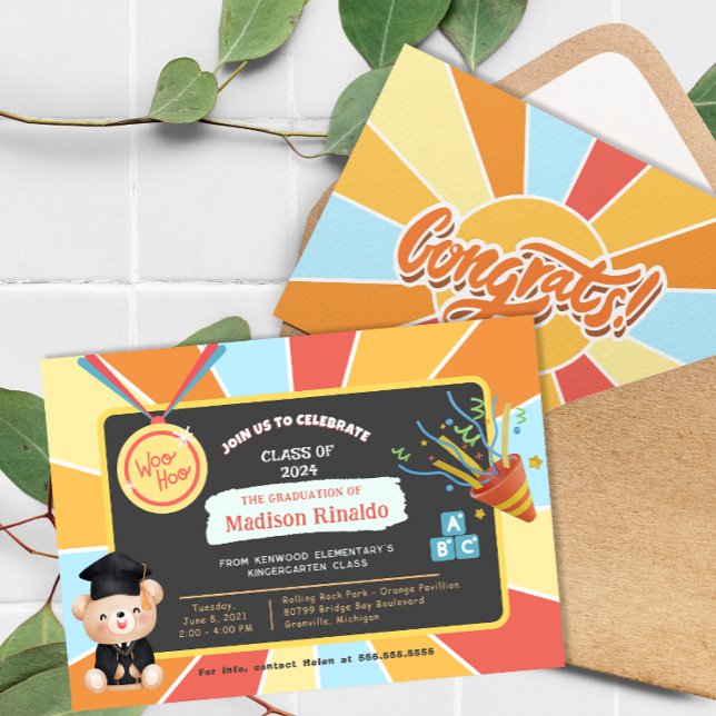 Convites Celebração de Formatação Elementar para Crianças S (Sunray Kids Elementary Graduation Celebration Invitation)