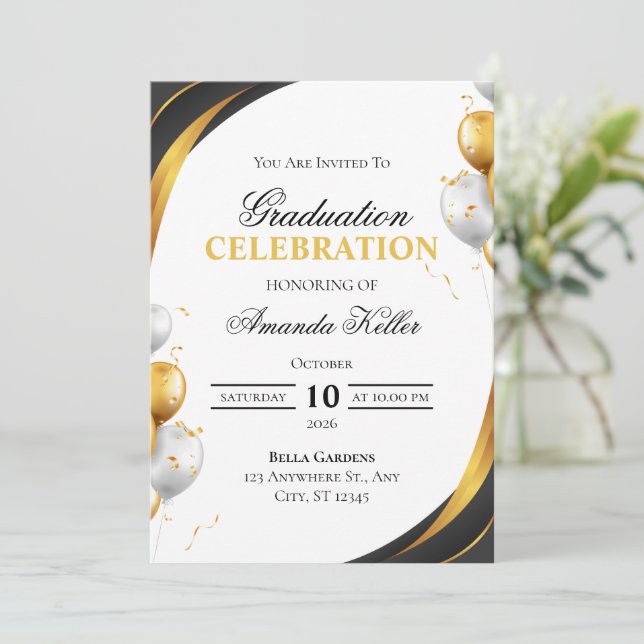 Convites Celebração de Formatura Preta e Dourada (Em pé/Frente)