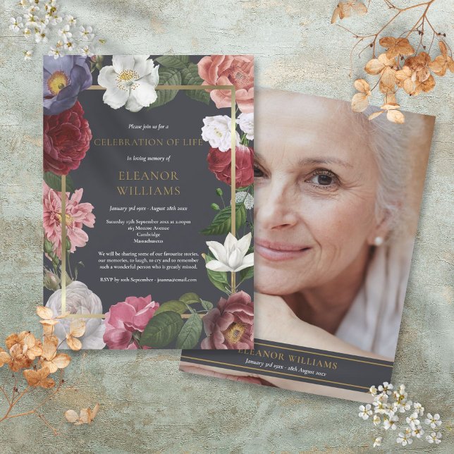 Convites Celebração de Foto da Vida Funeral Rosa Floral (Photo Celebration of Life Funeral Rose Floral Invitation)