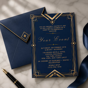 Convites Celebração de Gala Luxuosa Art Déco em Azul Naval