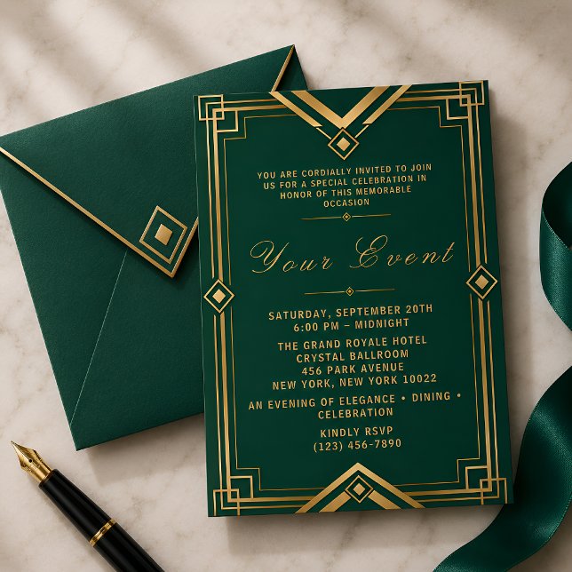 Convites Celebração de Gala Luxuosa Verde Esmeralda Dourada (Criador carregado)