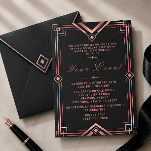 Convites Celebração de Gala Rose Gold & Black Art Deco