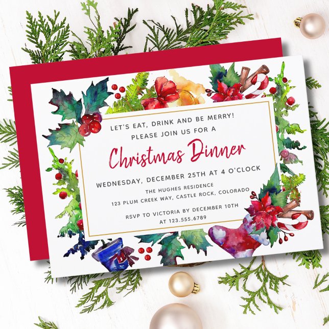 Convites Celebração de Jantar de Natal em Aquarela (Criador carregado)