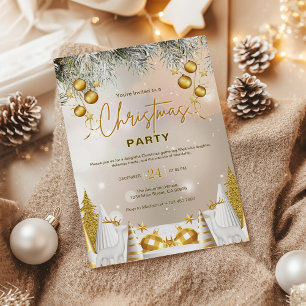 Convites Celebração de Natal Elegante em Dourado e Branco