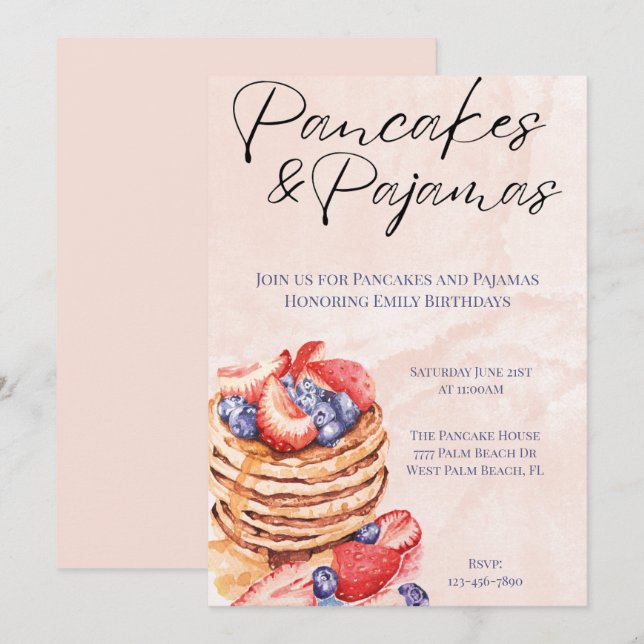 Convites Celebração de Panquecas de Aquarela e Pijamas (Frente/Verso)