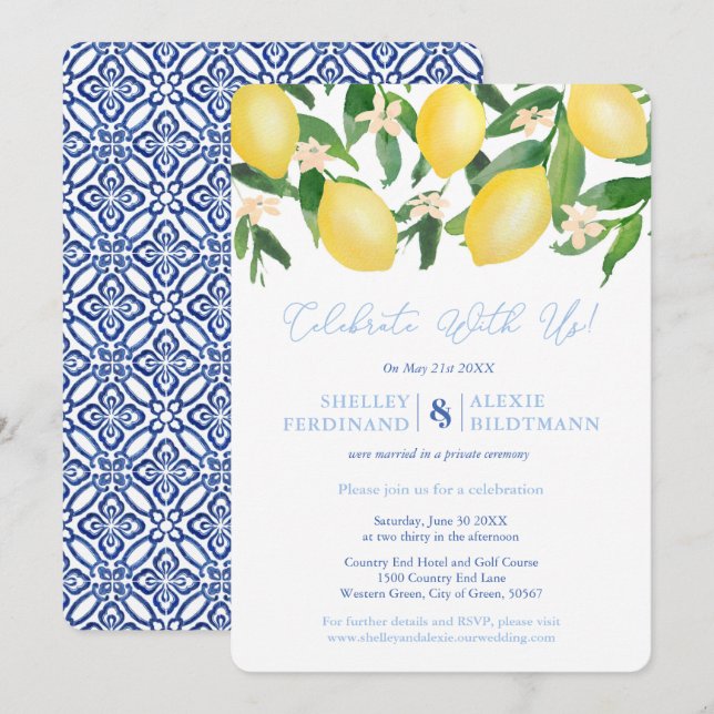 Convites Celebração de Pós-Casamento Capri Lemons Blue Tile (Frente/Verso)