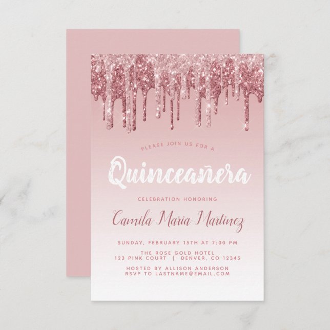 Convites Celebração de Quinceanera com Brilho de Ouro Rosa (Frente/Verso)
