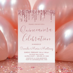 Convites Celebração de Quinceanera com Glitter Dourado Ro