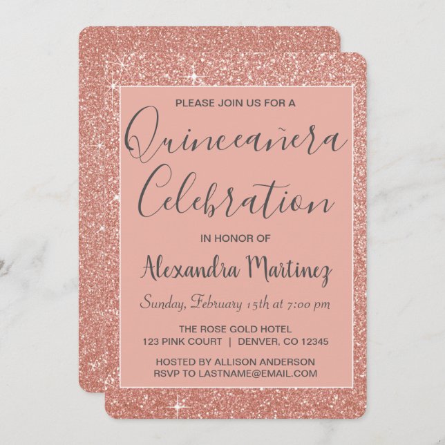 Convites Celebração de Quinceanera com Glitter Glitter Dour (Frente/Verso)