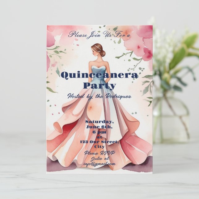 Convites Celebração de Quinceanera de Aquarela (Em pé/Frente)