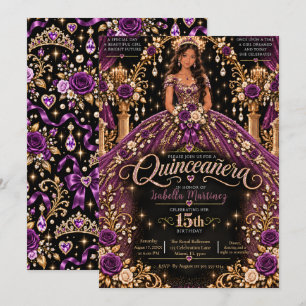 Convites Celebração de Quinceañera em Dourado Roxo