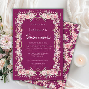Convites Celebração de Quinceañera Floral Rosa 15 Elegante