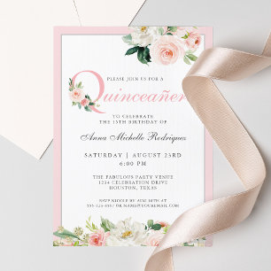 Convites Celebração de Quinceanera Floral Rosa Bege