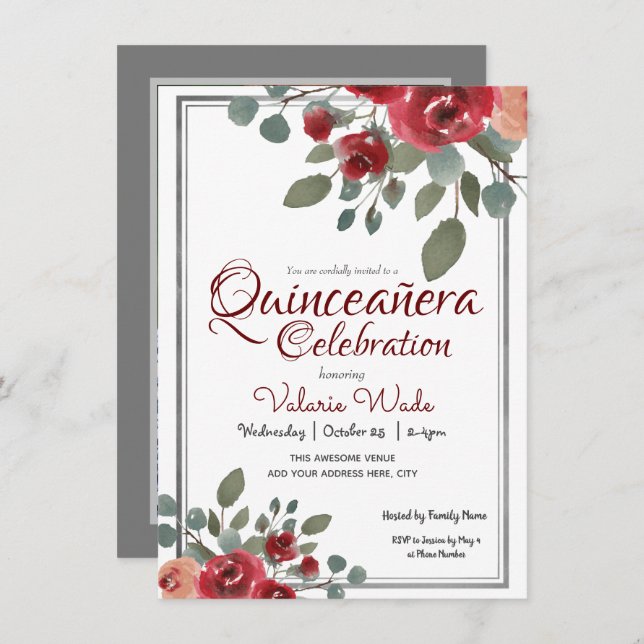 Convites Celebração de Quinceañera Rosas de Aquarelas Flora (Frente/Verso)