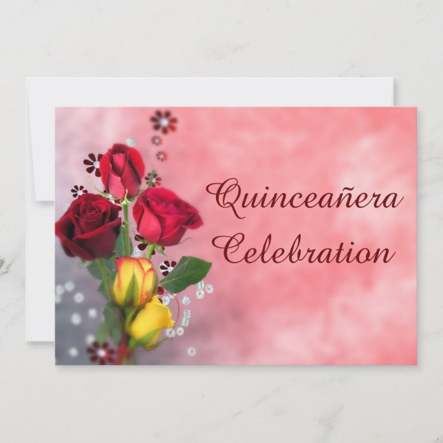 Convites Celebração de Quinceañera, Rosas Vermelhas e Amare (Frente)