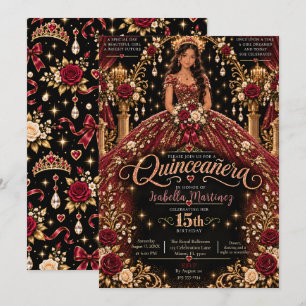 Convites Celebração de Quinceañera Vermelha e Dourada