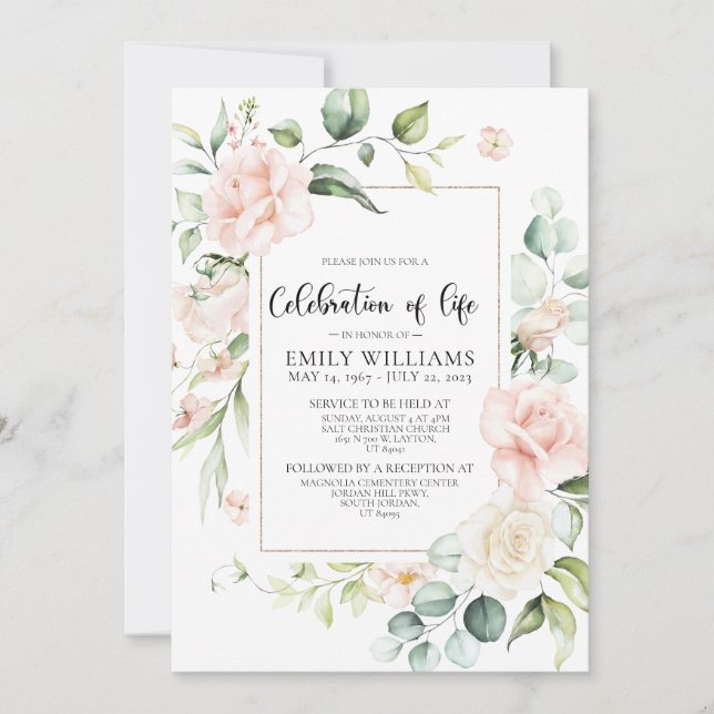 Convites Celebração de Rosas Rosa Blush da Vida (Frente)