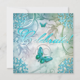 Convites Celebração de Teal Blue Butterfly Floral Birthday