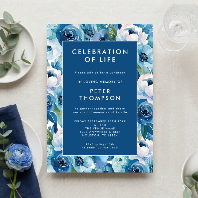 Convites Celebração de Vida com Bordadura Floral Azul (Criador carregado)