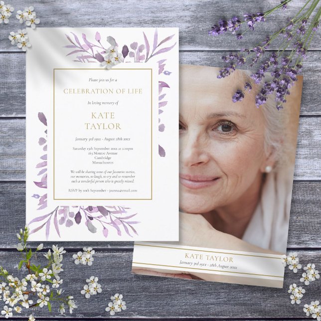 Convites Celebração de Vida com Folhagem Roxa Foto Funeral (Purple Foliage Funeral Celebration of Life Photo Invitation)