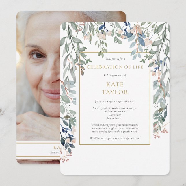 Convites Celebração de Vida com Foto de Folhagem Floral em  (Frente/Verso)
