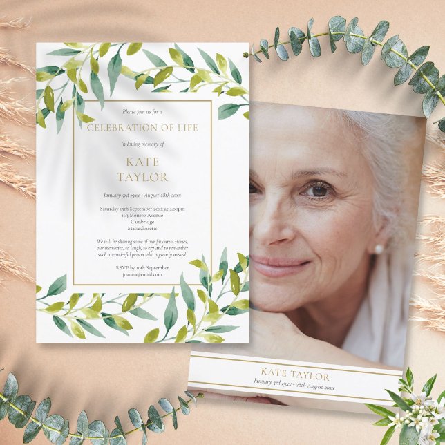 Convites Celebração de Vida com Foto de Verdejante Funeral (Greenery Photo Funeral Celebration of Life Invitation)