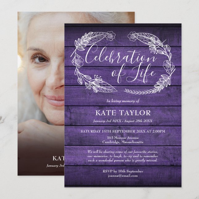 Convites Celebração de Vida com Foto em Madeira Roxa  (Frente/Verso)