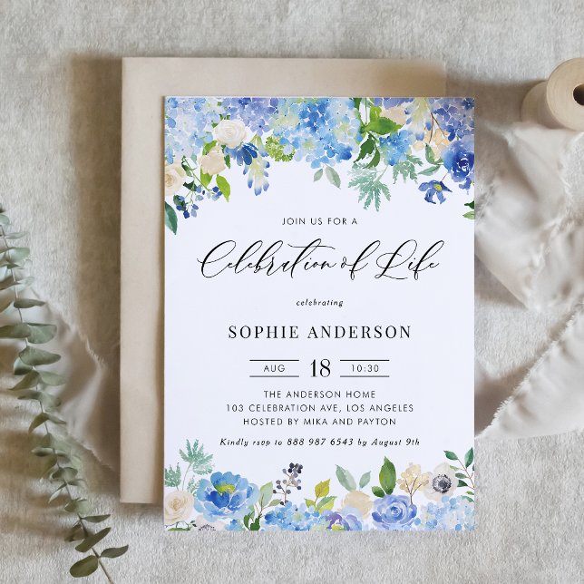 Convites Celebração de Vida com Hortênsia Azul e Rosa Marfi (Blue Hydrangea and Ivory Rose Watercolor Memorial Invitation with Greenery Accents)