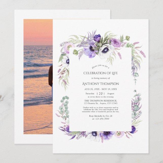 Convites Celebração de Vida em Floral Violeta Empoeirada (Frente/Verso)