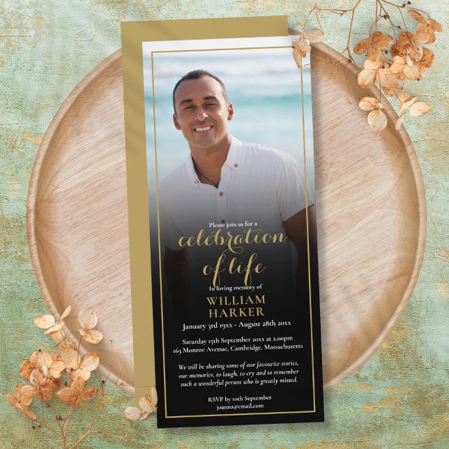 Convites Celebração de Vida em Ouro Foto Funeral (Gold Celebration of Life Photo Funeral Invitation)