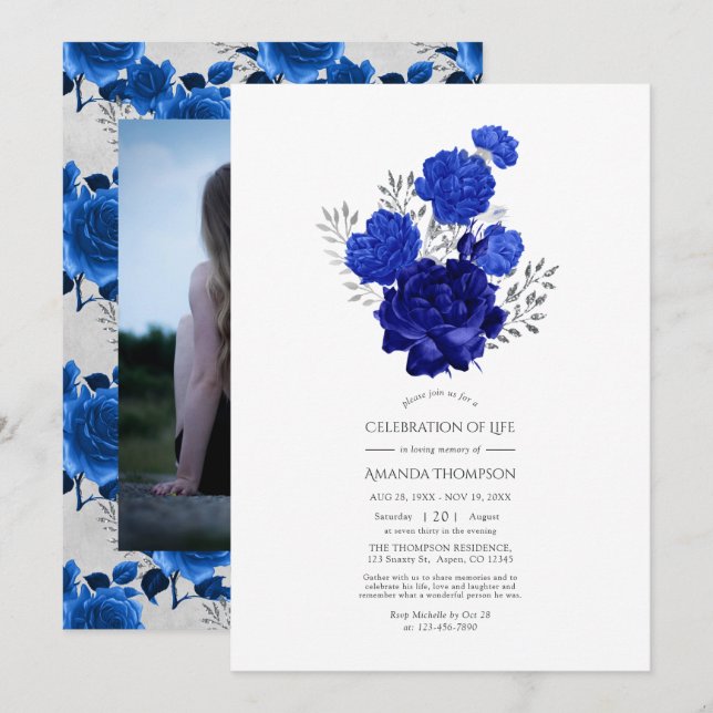 Convites Celebração de Vida Floral Azul Real e Prata (Frente/Verso)