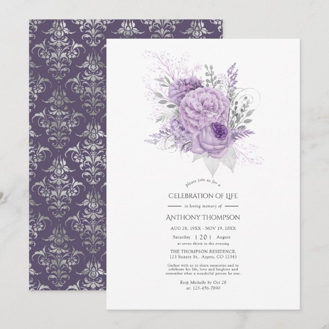 Convites Celebração de Vida Floral Lavanda e Prata (Frente/Verso)