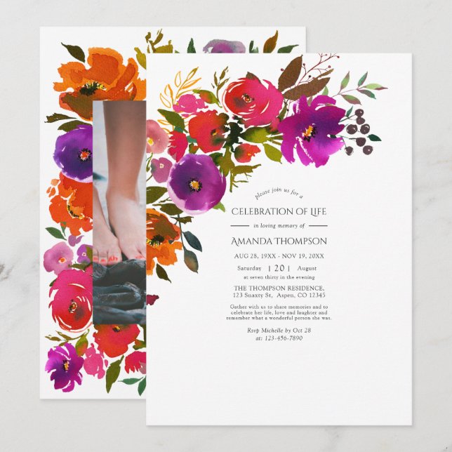 Convites Celebração de Vida Floral Roxa e Laranja em Foto (Frente/Verso)