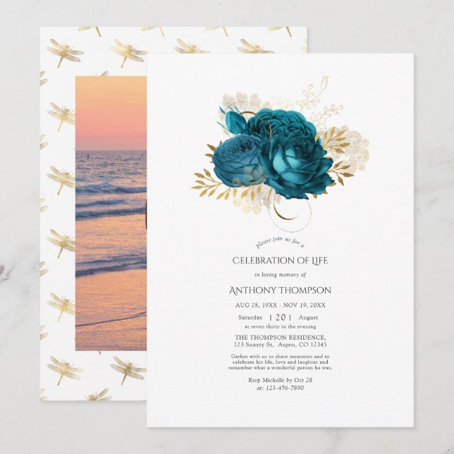 Convites Celebração de Vida Floral Turquesa e Dourado (Frente/Verso)