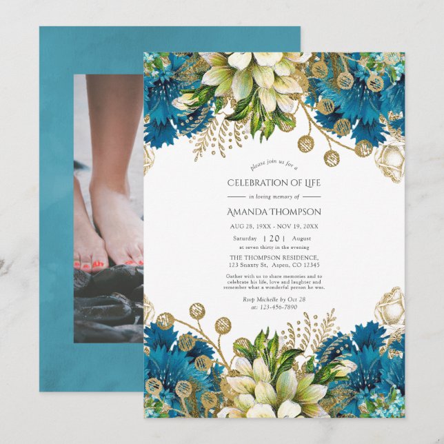 Convites Celebração de Vida Floral Turquesa e Dourado (Frente/Verso)