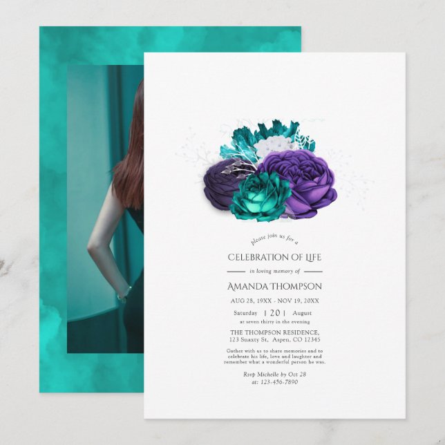 Convites Celebração de Vida Floral Violeta e Turquesa (Frente/Verso)