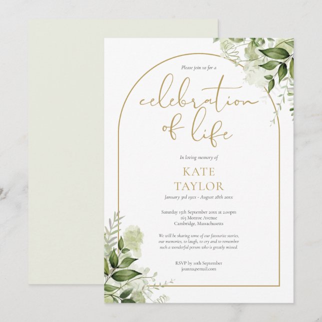Convites Celebração de Vida Funeral Arco Dourado de Verdura (Frente/Verso)