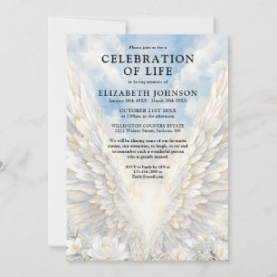Convites Celebração de Vida Funeral Asas de Anjo Elegantes