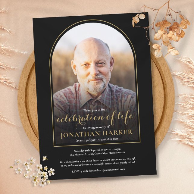 Convites Celebração de Vida Funeral com Arco de Ouro Foto (Gold Arch Photo Celebration of Life Funeral Invitation)