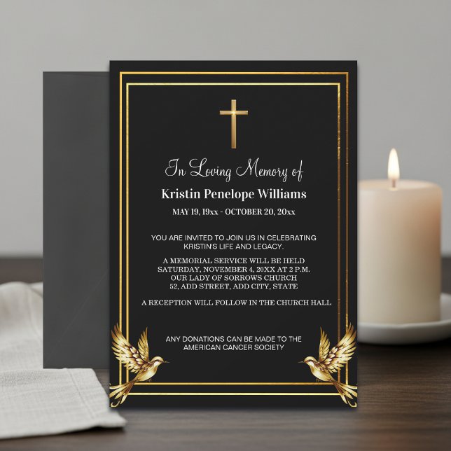 Convites Celebração de Vida Funeral Cruz de Ouro Elegante (Criador carregado)