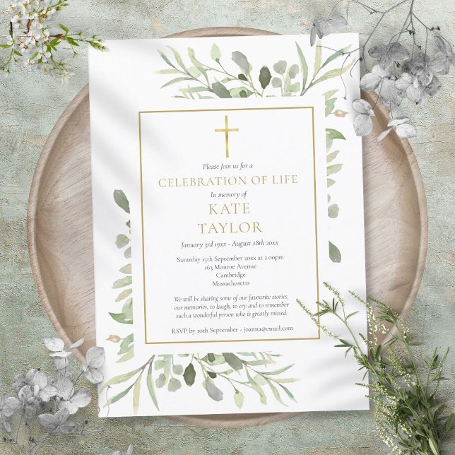 Convites Celebração de Vida Funeral de Elegante Verde (Elegant Greenery Celebration of Life Funeral Invitation)