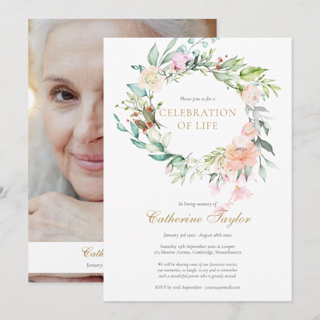 Convites Celebração de vida funeral de rosas florais (Frente/Verso)