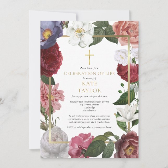 Convites Celebração de Vida Funeral Elegante Rosa Floral  (Frente)