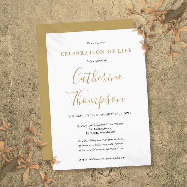 Convites Celebração de Vida Funeral em Letra Dourada (Gold Script Celebration Of Life Funeral Invitation)
