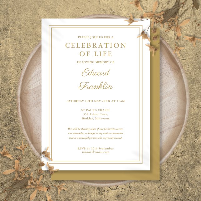 Convites Celebração de Vida Funeral em Ouro Moderno Elegant (Elegant Modern Gold Celebration Of Life Funeral Invitation)